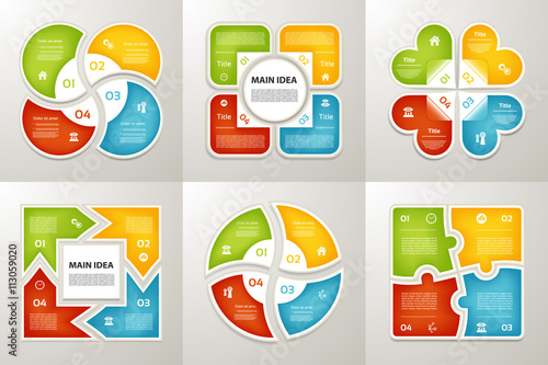 Collection of Infographic Templates for Business. Four steps cycling diagrams. Vector Illustration.