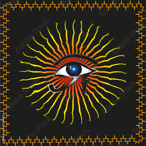 Abstraction Vector Eye of Ra
Abstraction vector of a black background on a contour of the image ethnic ornament in the center of the sun god Ra and eye for decoration and design
