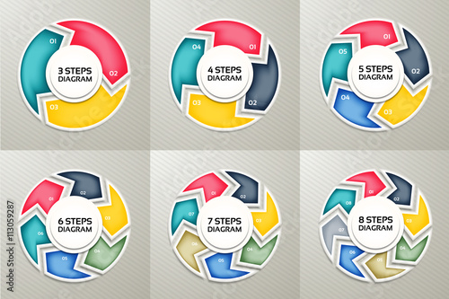 Vector circle arrows sign infographic set. 3, 4, 5, 6, 7, 8 options, parts, steps. Cycle diagram, symbol graph, puzzle presentation, round chart. Business infographics concept template. 