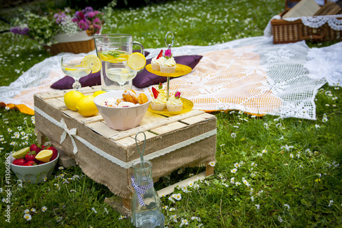 Wedding picnic arrangement in the middle of the nature