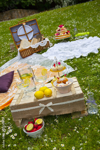 Wedding picnic arrangement in the middle of the nature