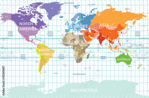 political map of the world with all continents separated by color, labeled countries and oceans, and with enumerated longitudes and latitudes on background