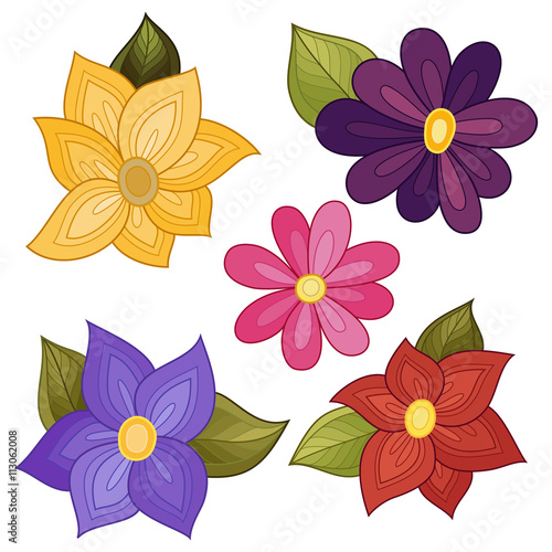 Fototapeta Naklejka Na Ścianę i Meble -  Vector Set of Colored Contour Flowers and Leaves
