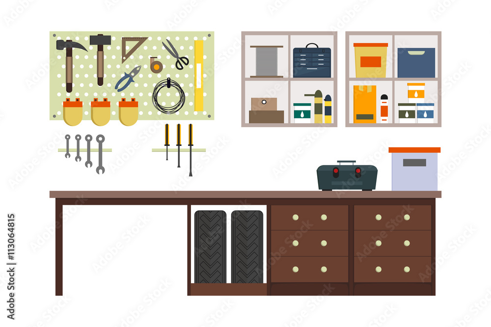 Flat garage inside. Working place with tools in storeroom. Garage interior. Tools, worker tools, tires, hummer, boxes, shelves, table in store. Vector interior illustration. Flat garage inside. Working place with tools in storeroom. Garage interior. Tools, worker tools, tires, hummer, boxes, shelves, table in store. Vector interior illustration.