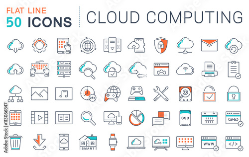 Set Vector Flat Line Icons Cloud Service