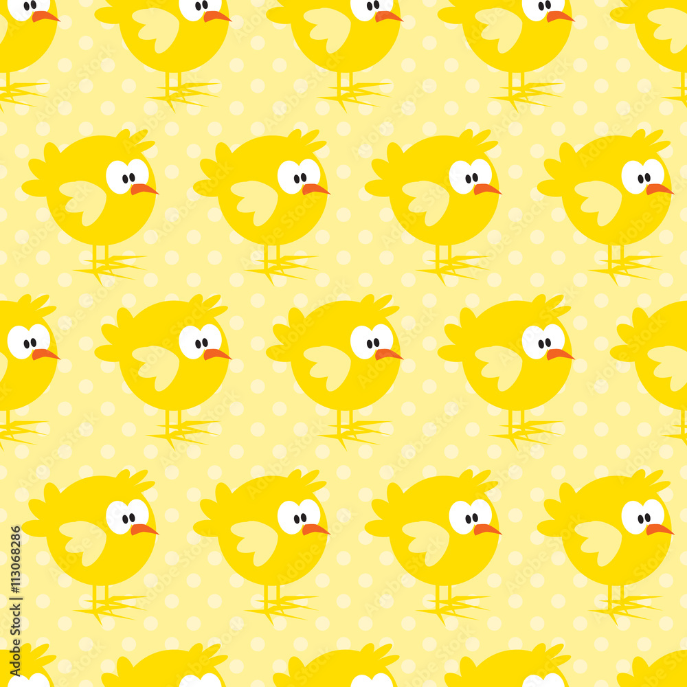 Seamless pattern with chicken on yellow dotted background.
