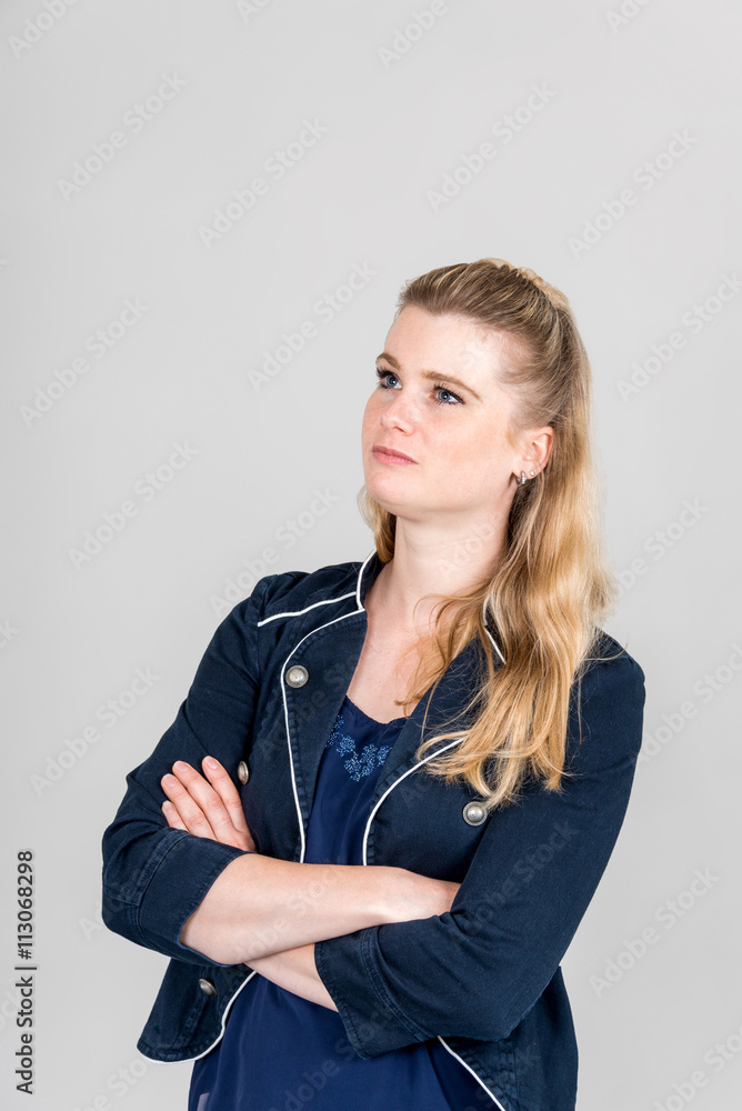 Serious woman with look up into the air Serious woman with look up into the air
