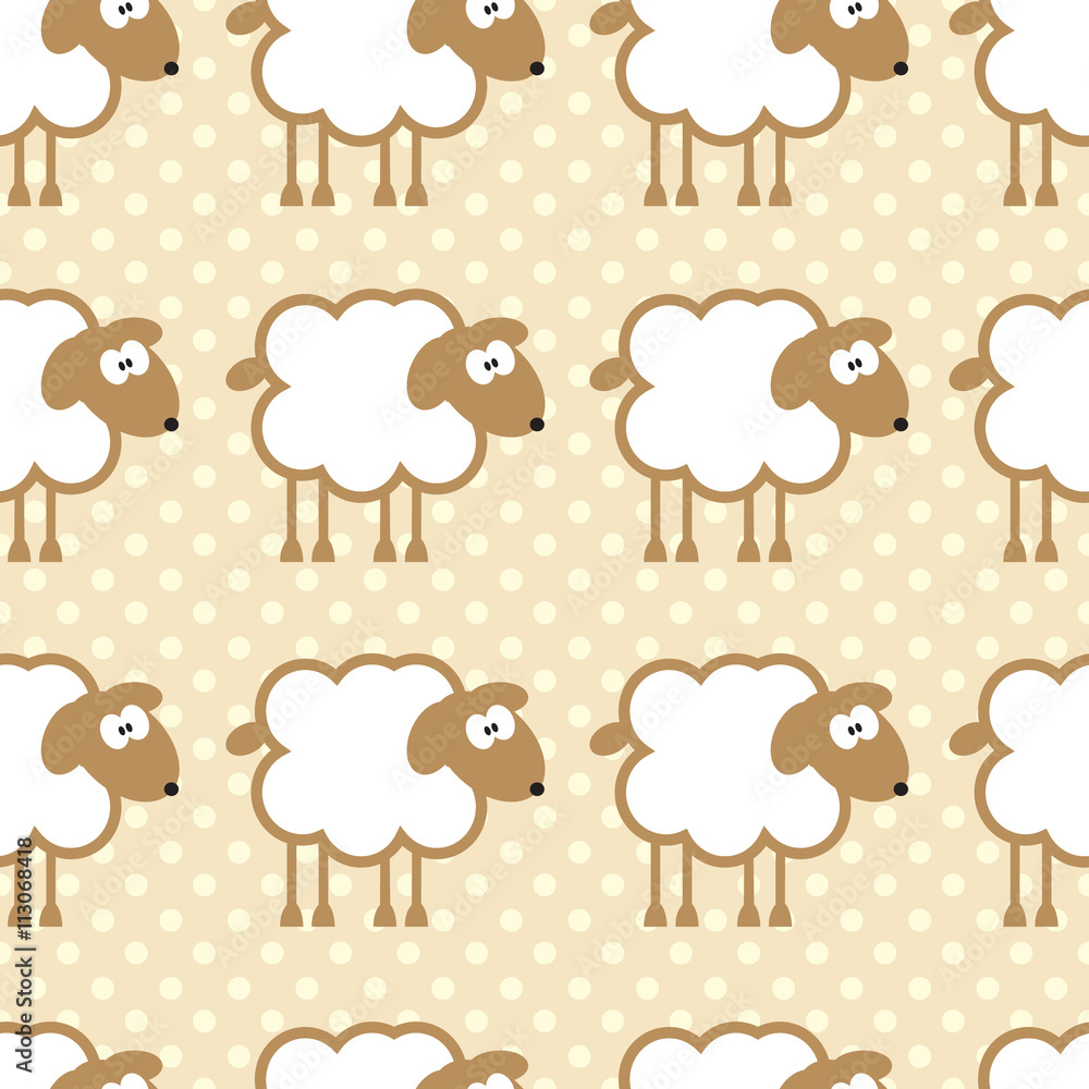 Seamless pattern with sheep on warm dotted background.