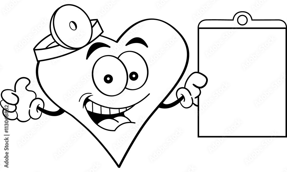 Black and white illustration of a heart holding a chart and giving thumbs up. Black and white illustration of a heart holding a chart and giving thumbs up.