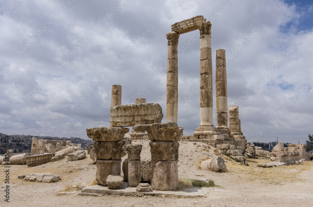 Ruins of roman Temple of Hercules on the Amman citadel with city view, Amman. Jordan