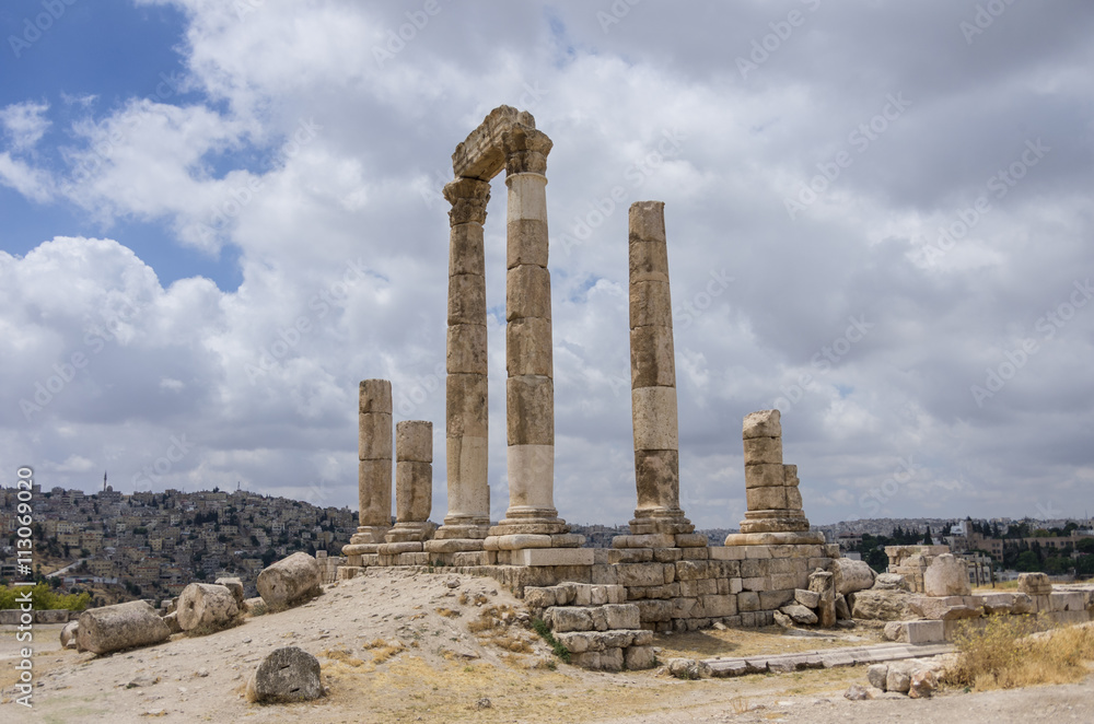 Ruins of roman Temple of Hercules on the Amman citadel with city view, Amman. Jordan