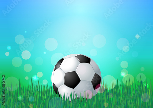 Soccer ball on green grass. Blue sky and green grass nature backdrop. Bokeh vector background. 