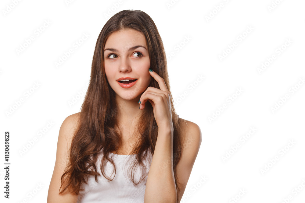 Young beautiful woman thinking looking to the side at blank copy space, isolated over white background Young beautiful woman thinking looking to the side at blank copy space, isolated over white background
