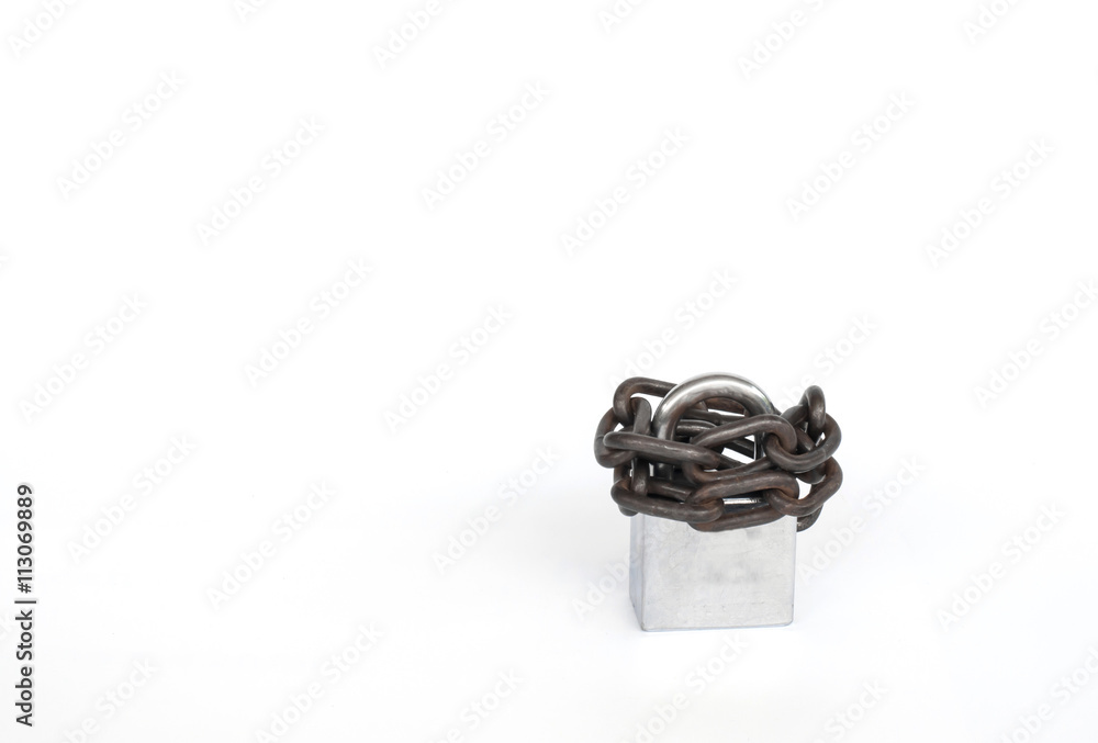 Old lock and old chain on white background.(Soft focus.) Old lock and old chain on white background.(Soft focus.)