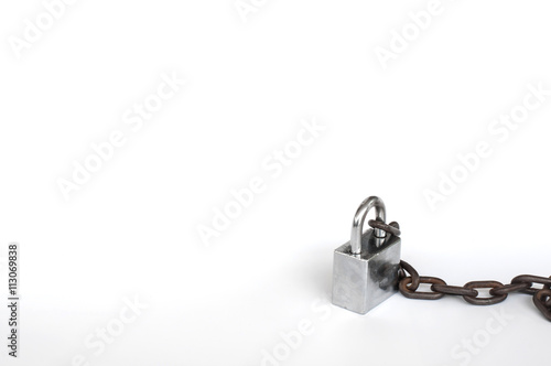 Old lock and old chain on white background.(Soft focus.)