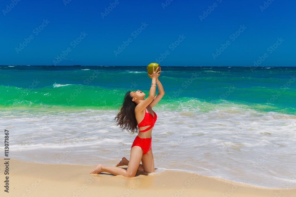 Young beautiful Asian girl with long black hair in red bikini, Young beautiful Asian girl with long black hair in red bikini,
