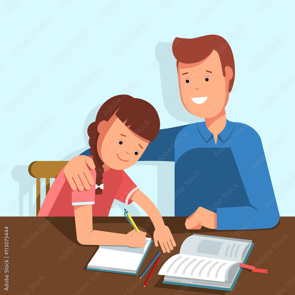 Kid learning lessons with dad. Vector illustration of a child wrote in a school notebook lessons Kid learning lessons with dad. Vector illustration of a child wrote in a school notebook lessons