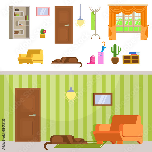 Hallway interior design with door, floor hanger and dog.