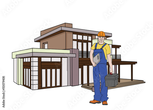 young man working in the background at home. builder. in overalls and tools. vector illustration.