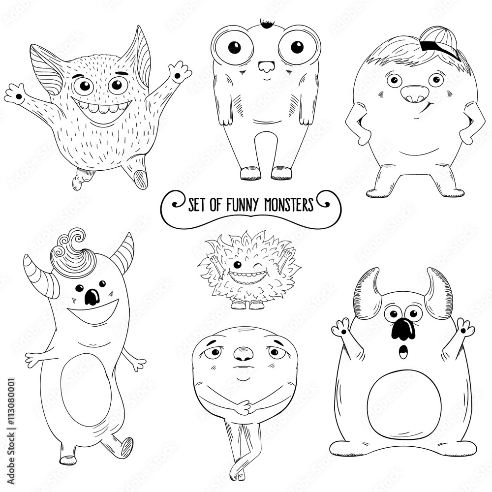 Set of cartoon cute character Monsters. Vector illustration.