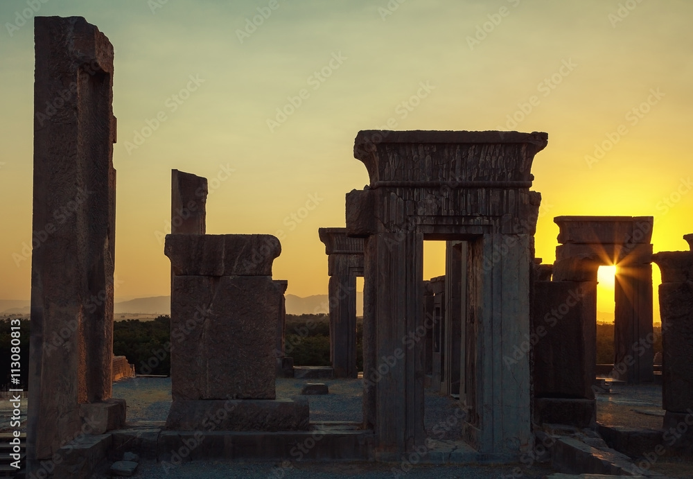 Setting Sun Glowing Through an Arch in Tachara Palace of Takht Jamshid or Persepolis