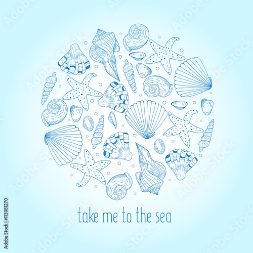 Vector background with seashells. Summer circle concept. Hand drawn illustrations.