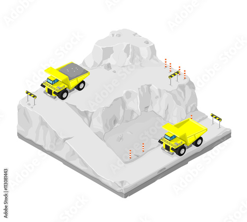 Vector isometric illustration of a quarry construction site with industrial trucks.
Construction sites with industrial trucks carrying building materials.
