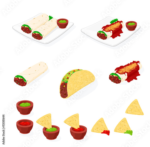 Vector isometric illustration of a Mexican food icons.
Hot Tasty Mexican Cuisine.
