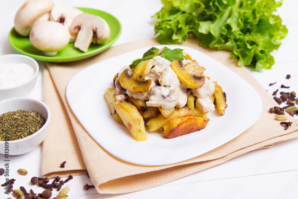 Fried potatoes with gravy of mushrooms