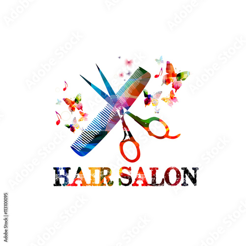 Hairdressing tools background with colorful comb and scissors