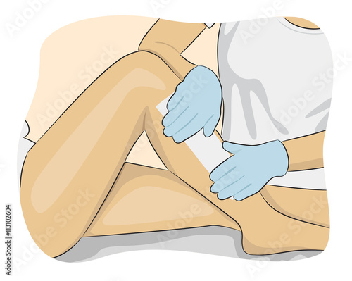Beautician waxing a woman's leg applying strip of material over the hot wax to remove the hairs when pulled