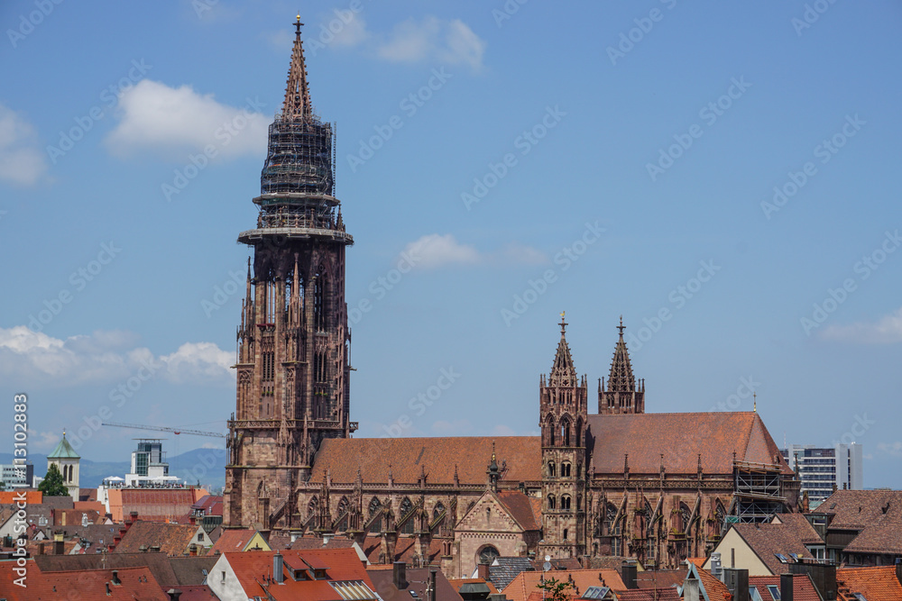 Ansicht des Freiburger Münsters mit Dächern der Stadt vor blauem Himmel