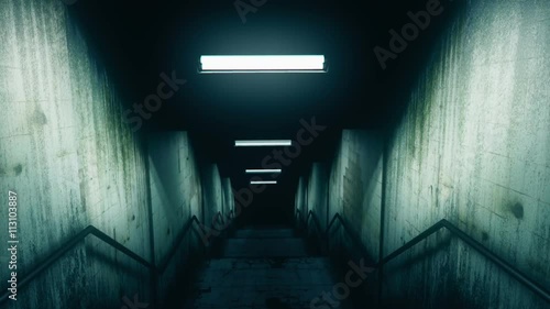 Creepy tunnel with blinking, flickering lights, sudden darkness, horror scene
 photo