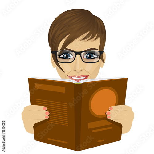 young beautiful woman with glasses reading a book