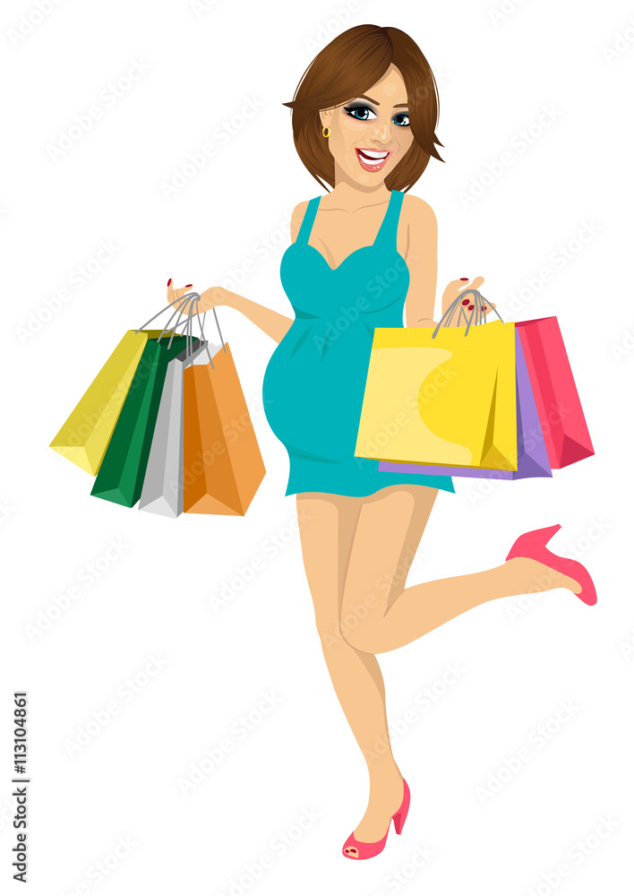 Young pregnant woman having fun with shopping bags