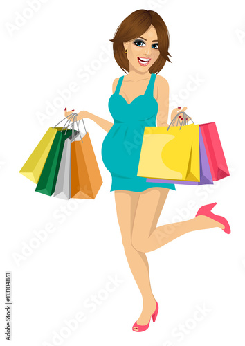 Young pregnant woman having fun with shopping bags