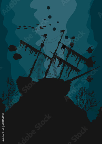 Silhouette of a ghost ship underwater