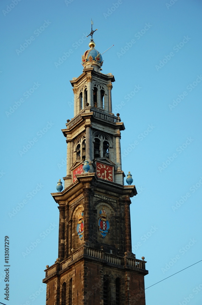 Bell tower of West Church (Westerkerk) in Amsterdam, Holland