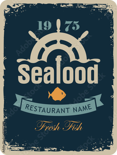 banner for the seafood restaurant with a ship helm and fish in a retro style