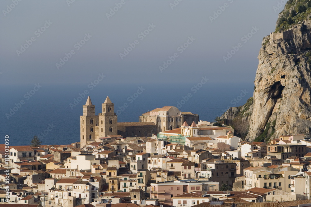 Distant view of Cathedral, Cefalu, Sicily, Mediterranean Distant view of Cathedral, Cefalu, Sicily, Mediterranean