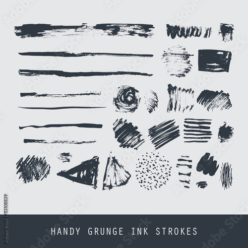 Set of modern ink grunge brush strokes. Textures, lines, splashes, dots.
