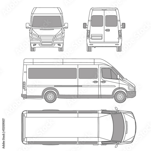 car. commercial vehicle - delivery van. Blueprint, drawing, proection, all view bus