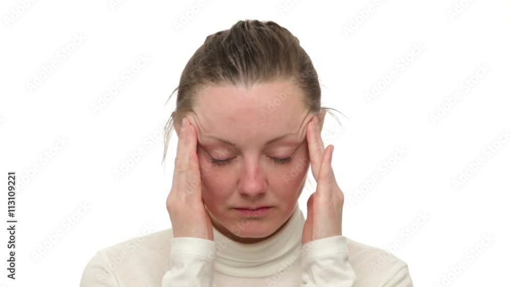 Headache. Close up woman massaging temples by the hands, white background Headache. Close up woman massaging temples by the hands, white background