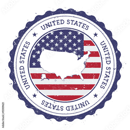 United States map and flag in vintage rubber stamp of state colours. Grungy travel stamp with map and flag of United States. Country map and flag vector illustration.