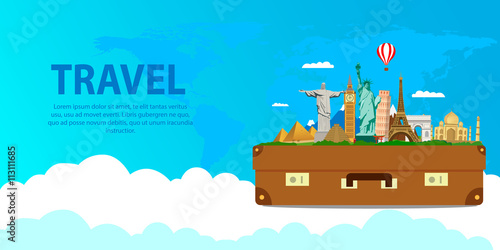 Architectural monuments around the world in a suitcase, travel and tourism. Vector illustration flat design.