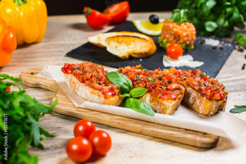 Beautiful fresh sandwiches with feta cheese, tomatoes and Basil