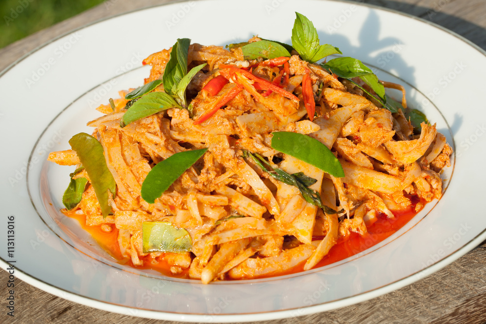 Chili curry Fried Chicken pickled bamboo shoot. Blur background Chili curry Fried Chicken pickled bamboo shoot. Blur background