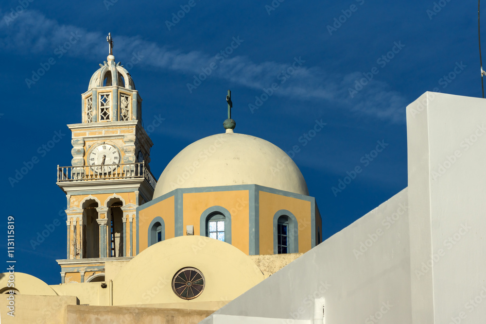 Amazing view of orthodox church in town of Firostefani, Santorini island, Thira, Cyclades, Greece