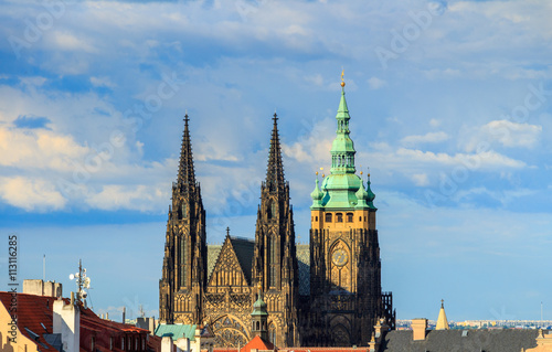 View over historic center of Prague with castle and St Vitus Cathedral, Czech Republic