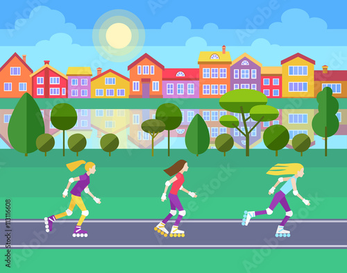 Three girls rollerblading